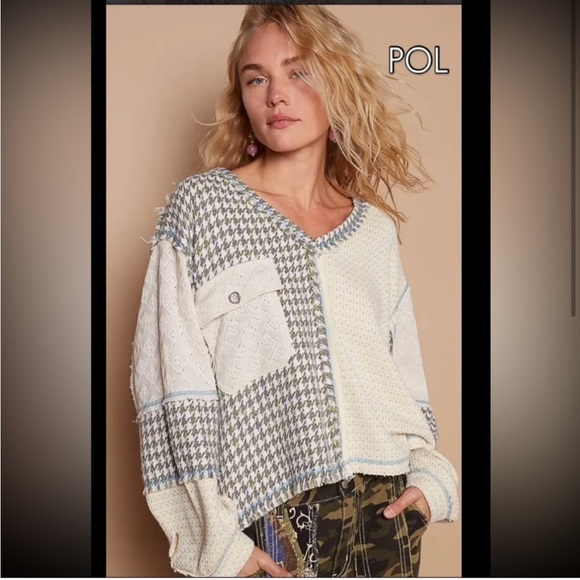 POL Tops - POL Women's Patchwork Sweater - Cream and Gray